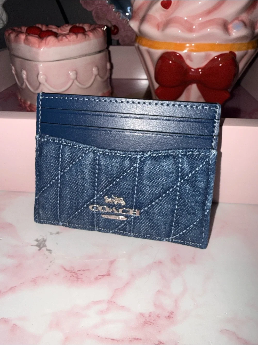 Coach Quilted Denim Card Case in Blue with Navy Trim